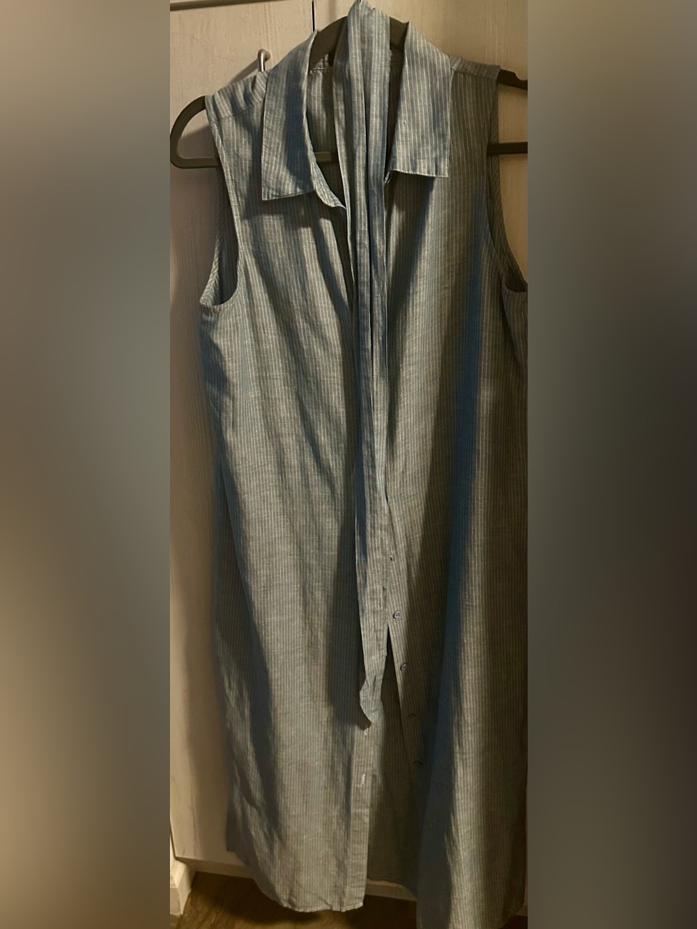 Sanctuary Sleeveless Button-Front Tie-Neck Dress in Light Blue Stripe